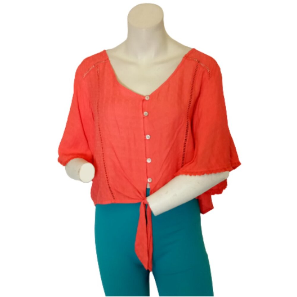 Orange Waist Tie Short Sleeve Shirt